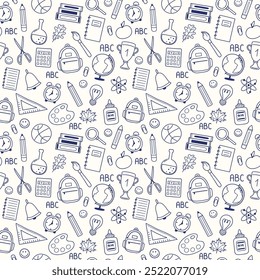 School background with hand drawn icons. Seamless pattern. Vector illustration
