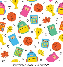 School background with hand drawn icons. Seamless pattern. Vector illustration