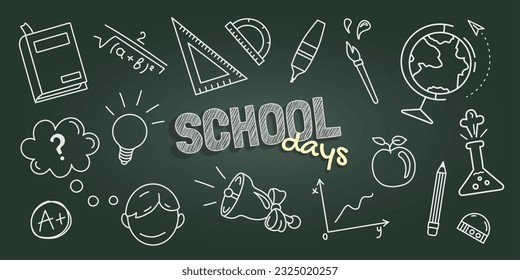 School background with hand drawn linear school supplies and chalk text with School Days phrase lettering on blackboard.