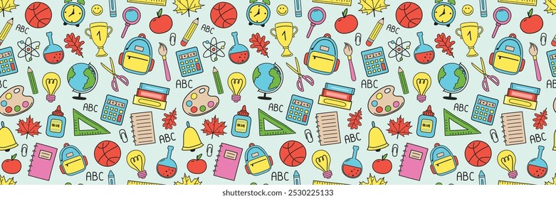School background with hand drawn stationery. Seamless pattern. Banner. Vector illustration