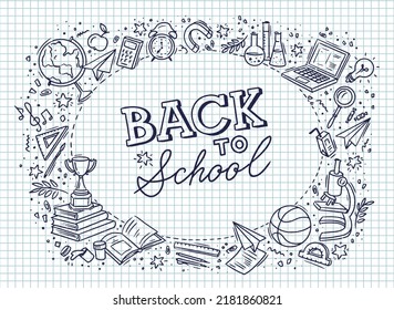 School background with hand drawn school supplies text Back to School. Lettering vector against the background of a notebook sheet in a cage