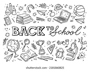 School background with hand drawn school supplies text Back to School lettering vector