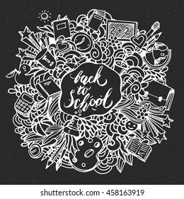 School background with hand drawn school supplies. Back to school. Freehand drawing school items on blackboard.