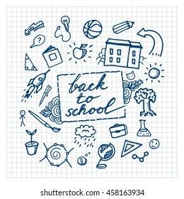 School background with hand drawn school supplies. Back to school.