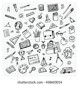 School background with hand drawn school supplies. Back to school. Freehand drawing school items on a sheet of exercise book.