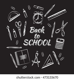 School background with  hand drawn school supplies. Vector design layout for your covers, flyers, exercise books, posters, brochures.