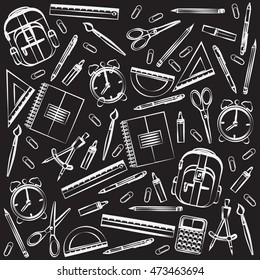School background with  hand drawn supplies. Vector design layout for your covers, flyers, exercise books, posters, brochures.