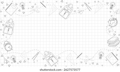 School background, hand-drawn school supplies border, grid notebook style with doodles of backpacks, books, globe, and stationery, ideal for educational posters, student worksheets, or back to school 