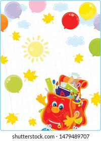School background. Happily smiling schoolbag character with colorful balloons waving in greeting on a sunny autumn day. Vector cartoon illustration