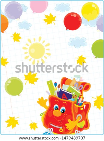 School background. Happily smiling schoolbag character with colorful balloons waving in greeting on a sunny autumn day. Vector cartoon illustration