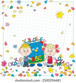 School background with happy little first graders and a funny cartoon character ABC book with colorful toy letters of alphabet among flying autumn leaves, vector illustration