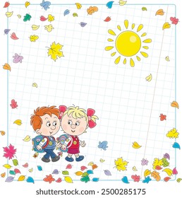 School background with happy little schoolchildren with their schoolbags going among colorful autumn leaves to school for start of classes, vector cartoon illustration