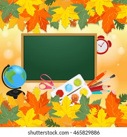 School background with school items. Back to school