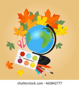 School background with school items. Back to school