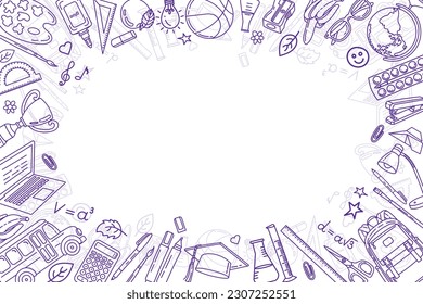 School background. School items and stationery hand drawn vector illustration