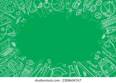 School background. School items and stationery on a green background. Hand drawn vector illustration