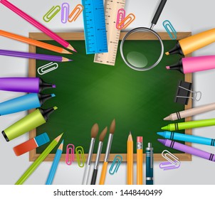 School background with lots of study supplies - a green chalkboard with a wooden frame, realistic pencils, spyglass, brushes, markers, rulers and other elements for education. Vector illustration.