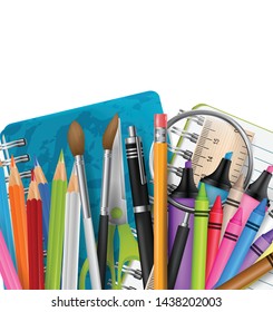 School background with markers, colorful pencils, scissors, magnifier, brush, and other education supplies. Free white space for custom text. Reatistic vector illustration.