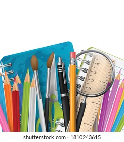 School background with markers, colorful pencils, scissors, magnifier, brush, and other education supplies. Free white space for custom text. Reatistic vector illustration.