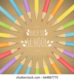 School background with multicolored pencils on the wooden texture. Vector illustration.