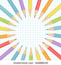 School background with multicolored pencils on the notepaper. Vector illustration.