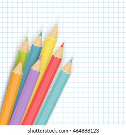 School background with multicolored pencils on the notepaper. Vector illustration.