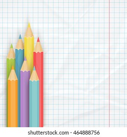 School background with multicolored pencils on the crumpled notepaper. Vector illustration.