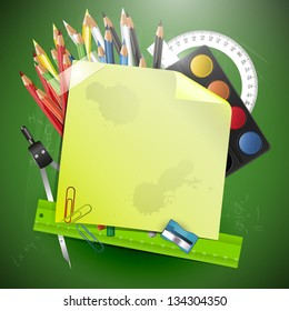 School background with note paper and copyspace on green chalkboard