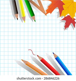 School background - notebook page, color pencils, leaves. ruler