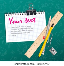 School background with notepad wooden ruler and pencils