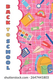 School background with office supplies, accessories, stationery. Back to School. School backpack, calculator, pencil, paints, pencil, ruler, scissors. For cover, poster, banner, web, social media