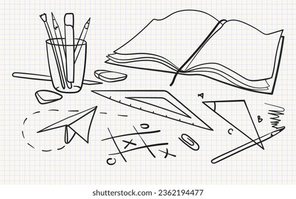 School background on a checkered sheet in line art style. School subjects on checkered notebook. Vector illustration