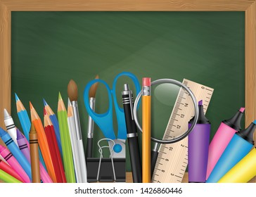 School background out of green chalkboard and 3d realistic supplies for study behind it. Education concept design. Vector illustration.
