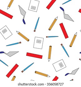 School background. Pattern with pencils, rulers and notebooks. The background for the study. Children's pattern.