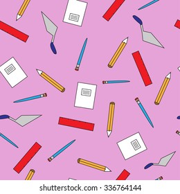 School background. Pattern with pencils, rulers and notebooks. The background for the study. Children's pattern.