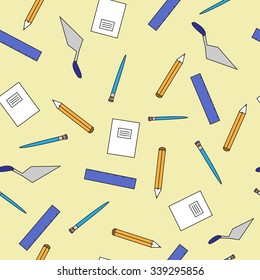School background. Pattern with pencils, rulers and notebooks. The background for the study. Children's pattern.