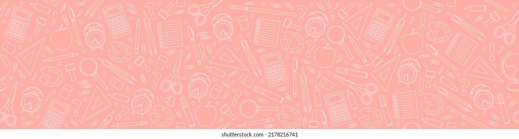 School background in peach color. Seamless background with drawings of various school subjects. Vector illustration. Pattern with doodles