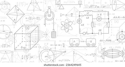 Schulhintergrund in Physik und Mathematik .Formeln und Zeichnungen. Wissenschaftliche Forschung. Vektorgrafik, Illustration.	