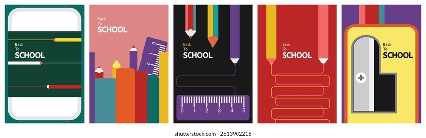 School background. Pile of books, stationery, eraser, line, sharpener. Collection of flat vector illustrations. Back to school. Elements and objects on a school theme, simple background for a poster.