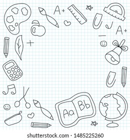 school background for a presentation with school supplies drawn in black on a checkered blue and white background (palette of colors, brushes, pencils, globe, alphabet, pen, apple, ruler, paper clip)