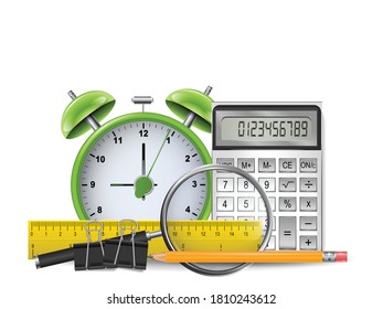 School background with realistic 3d calculator, retro alarm clock, ruler, pencil with erasor, markers and spyglass. Vector illustration.