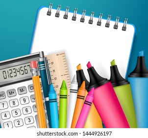 School background with realistic stationery supplies and empty copybook with free space for text. Vector illustration.