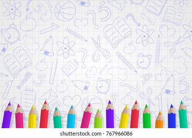 School background with scribbles and coloured pencils. Vector.