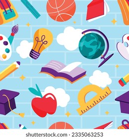 School background. Seamless pattern with doodles. Vector illustration. back to school background. back to school season. stationery background. schools accessories pattern background.