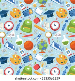 School background. Seamless pattern with doodles. Vector illustration. back to school background. back to school season. stationery background. schools accessories pattern background.