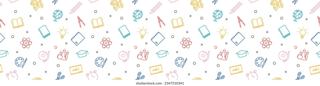 School background. Seamless pattern related with back to school and other educational subjects. Lots of icon graphic elements related with school supplies and classes subjects