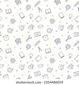 School background. Seamless pattern related with back to school and other educational subjects. Lots of icon graphic elements related with school supplies and classes subjects