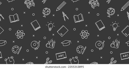 School background. Seamless pattern related with back to school and other educational subjects. Lots of icon graphic elements related with school supplies and classes subjects