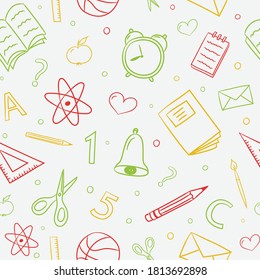 School background. Seamless texture with funny hand drawn icons. Vector