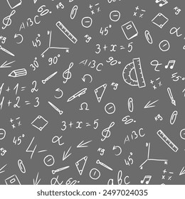 school background, seamless texture on a school theme. vector illustration of various stationery, notebooks, geometric shapes, numbers and signs on a blackboard. back to school. hand-drawn